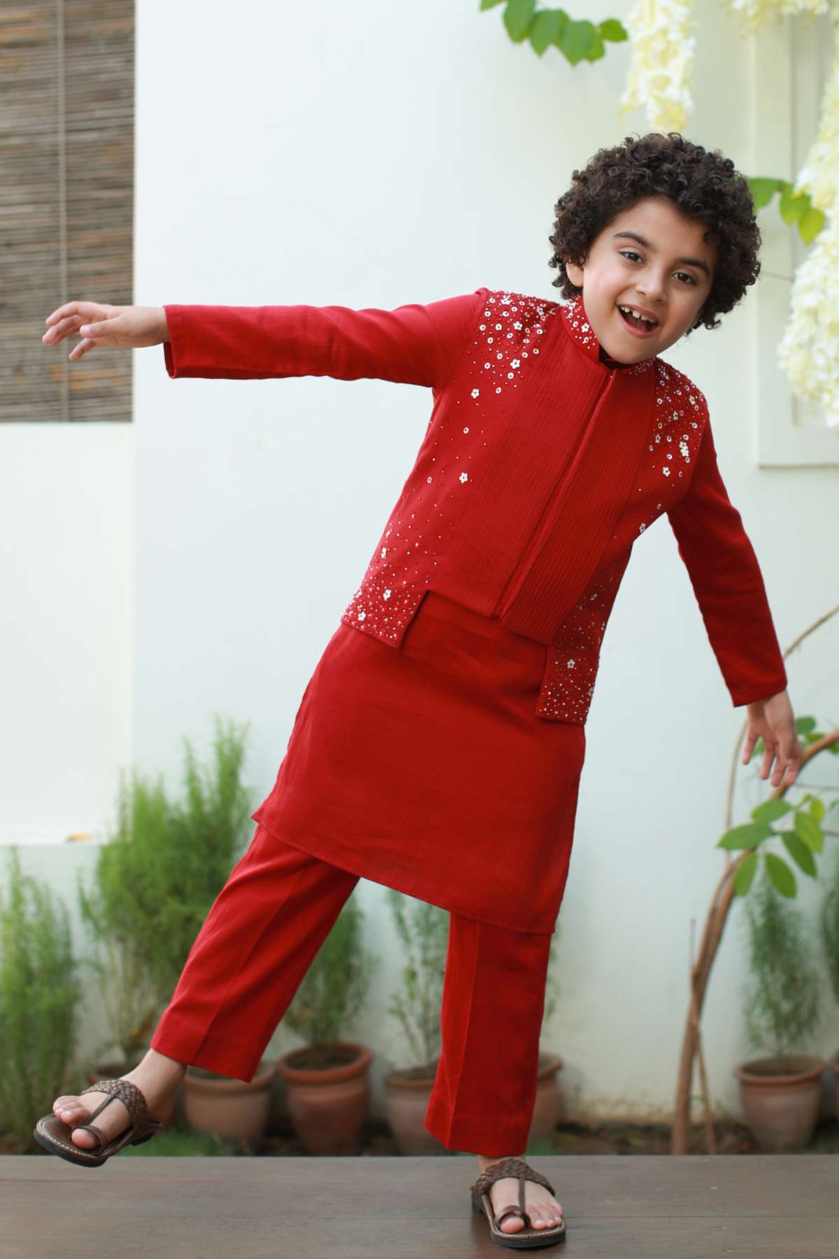 Buy Kids Designer Littleens Long and short abstract floral embroidered pintuck nehru jacket Online at ScrollnShops