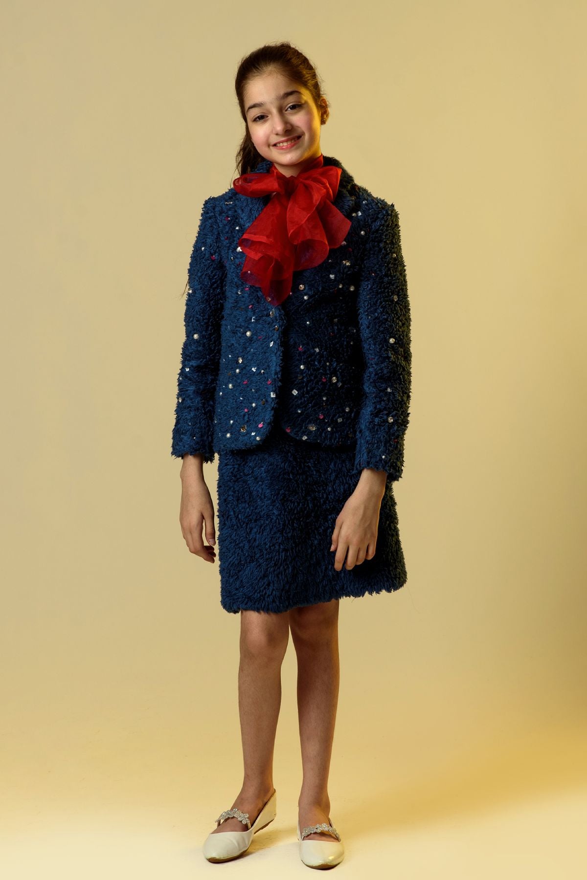 Buy Kids Designer Littleens Fusion set with tailored jacket defined by edgy shoulders and double buttoned front topped with detachable silk-organza flower that can be tied around your neck paired with matching skirt Online at ScrollnShops
