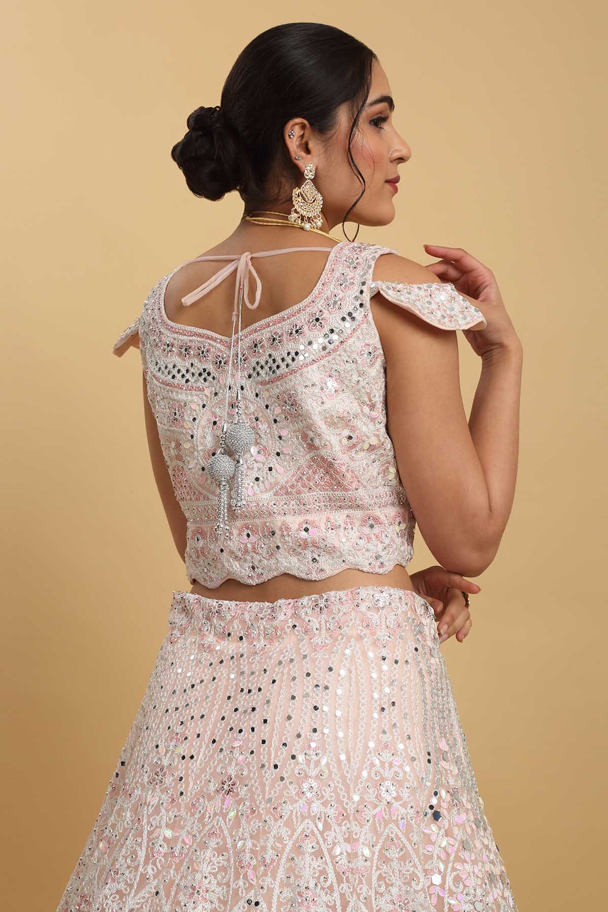 Pink Net Embroidered Lehenga Set