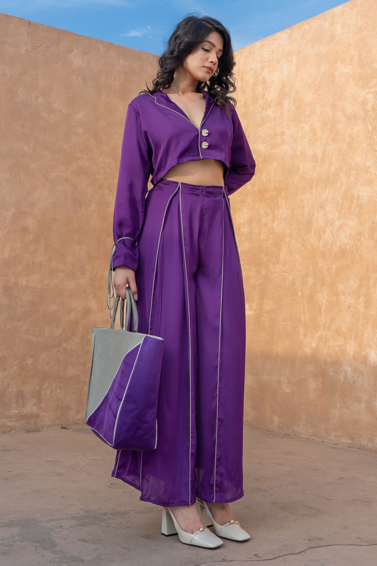 Buy Neora by Nehal ChopraPurple Crop Top & Pleated Pants for Women Online