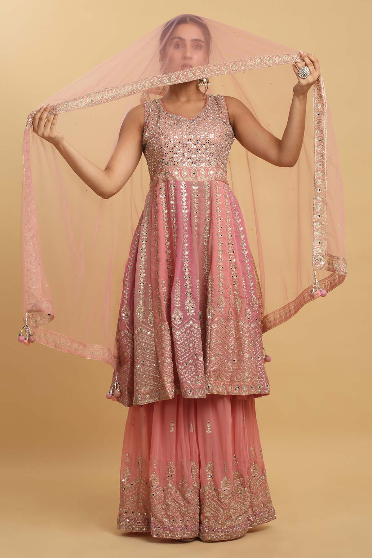 Coral Embroidered Sharara Set