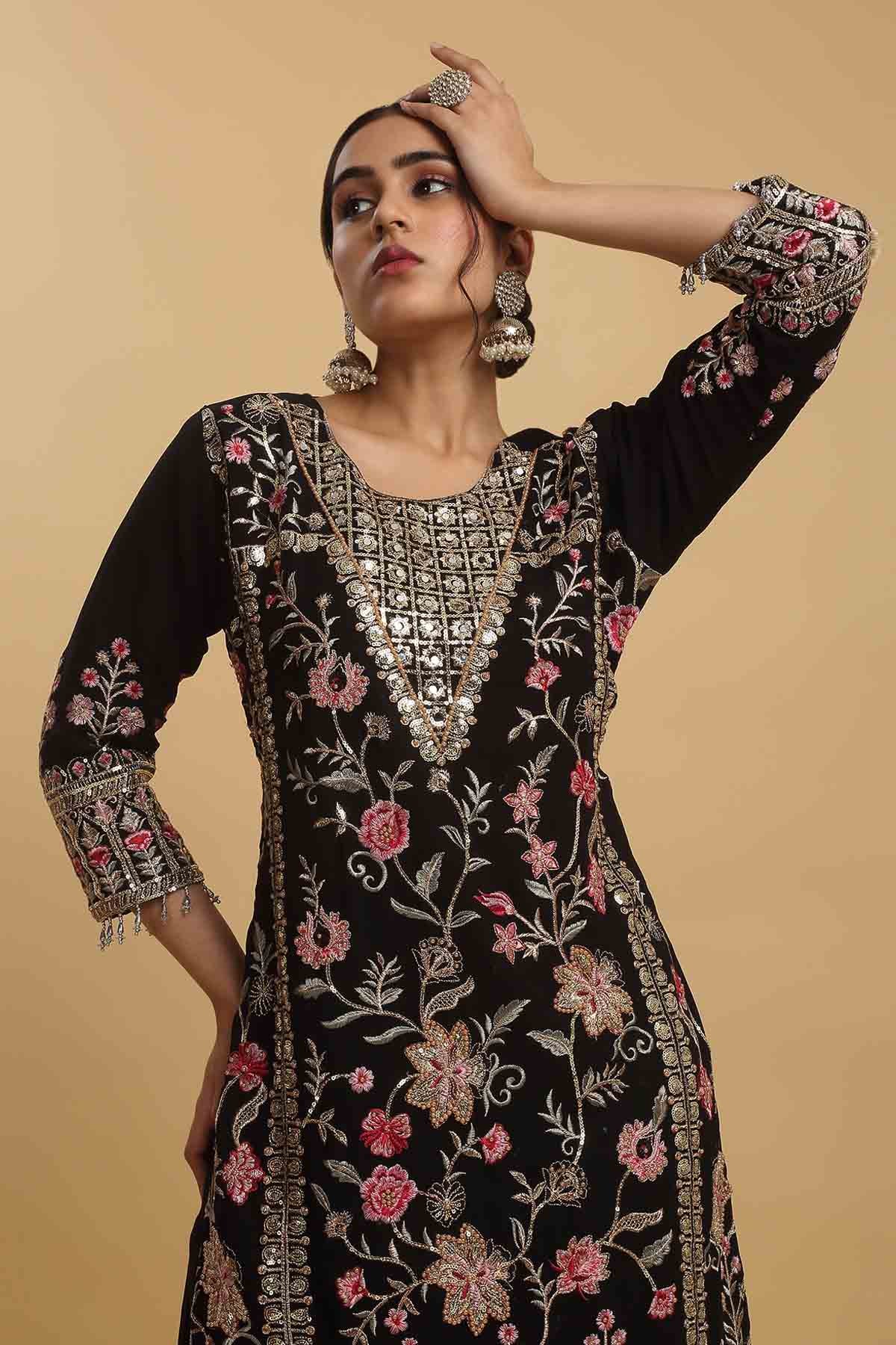 Black Georgette Floral Kurta Set