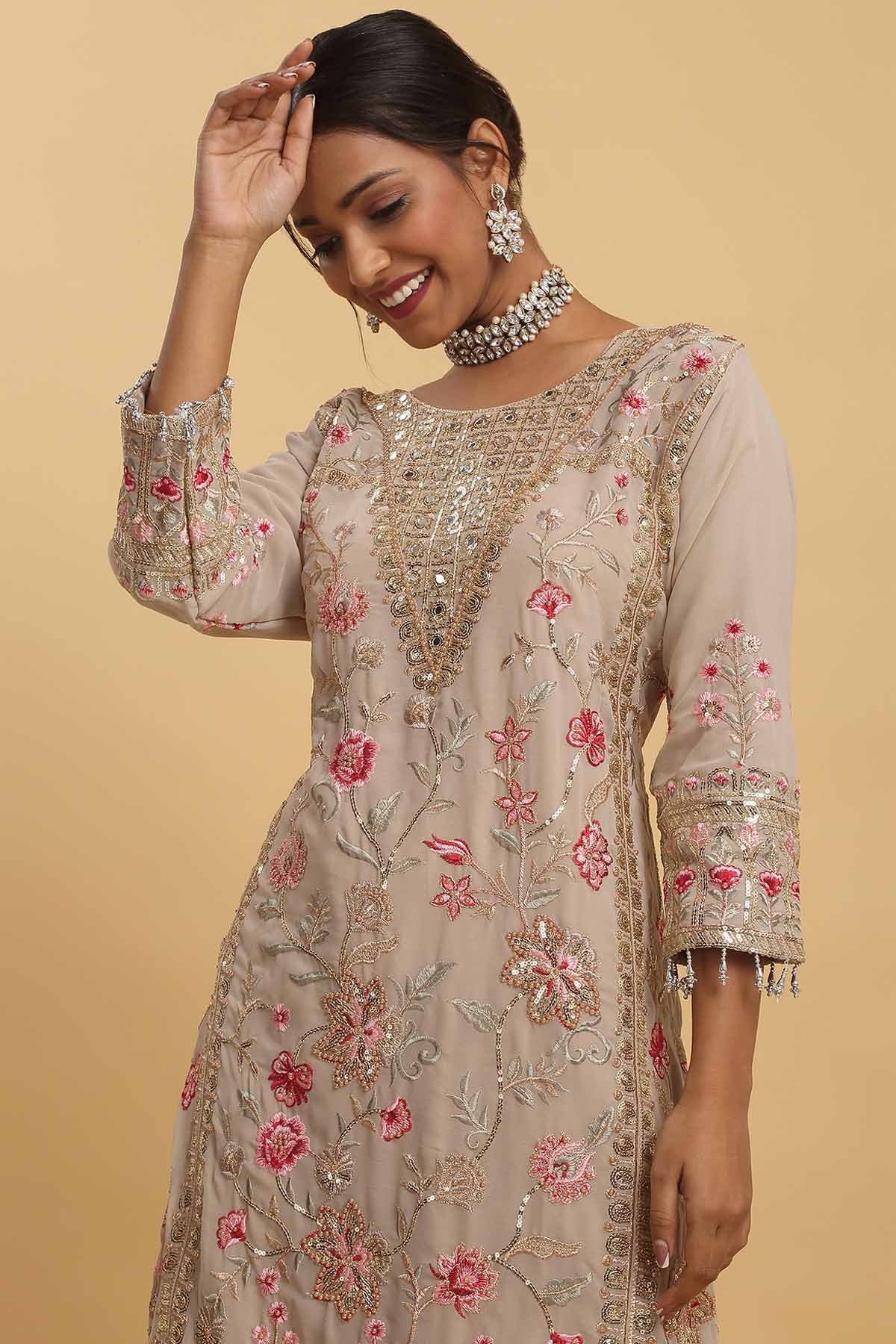 Beige Embroidered Kurta Set