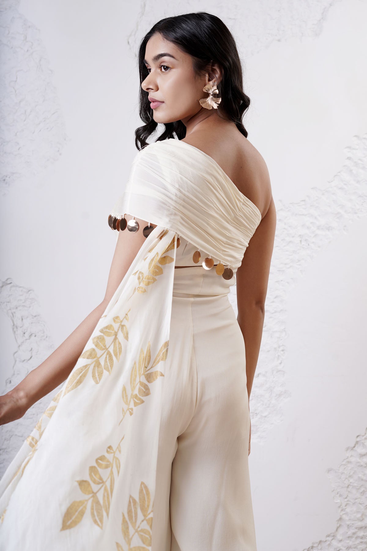 Ivory Foil Print Draped Jumpsuit