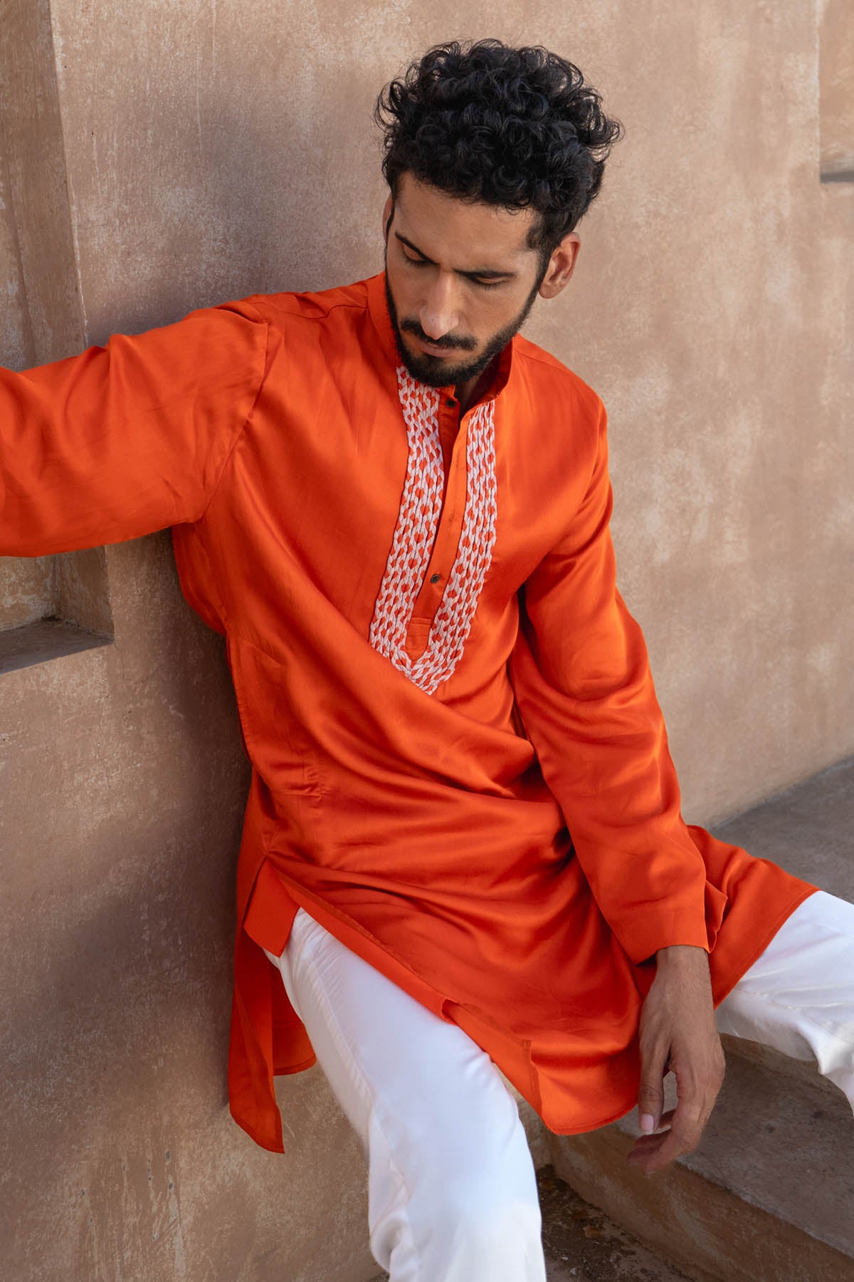 Buy Neora by Nehal ChopraOrange & Pink Braid Kurta Set for Men Online