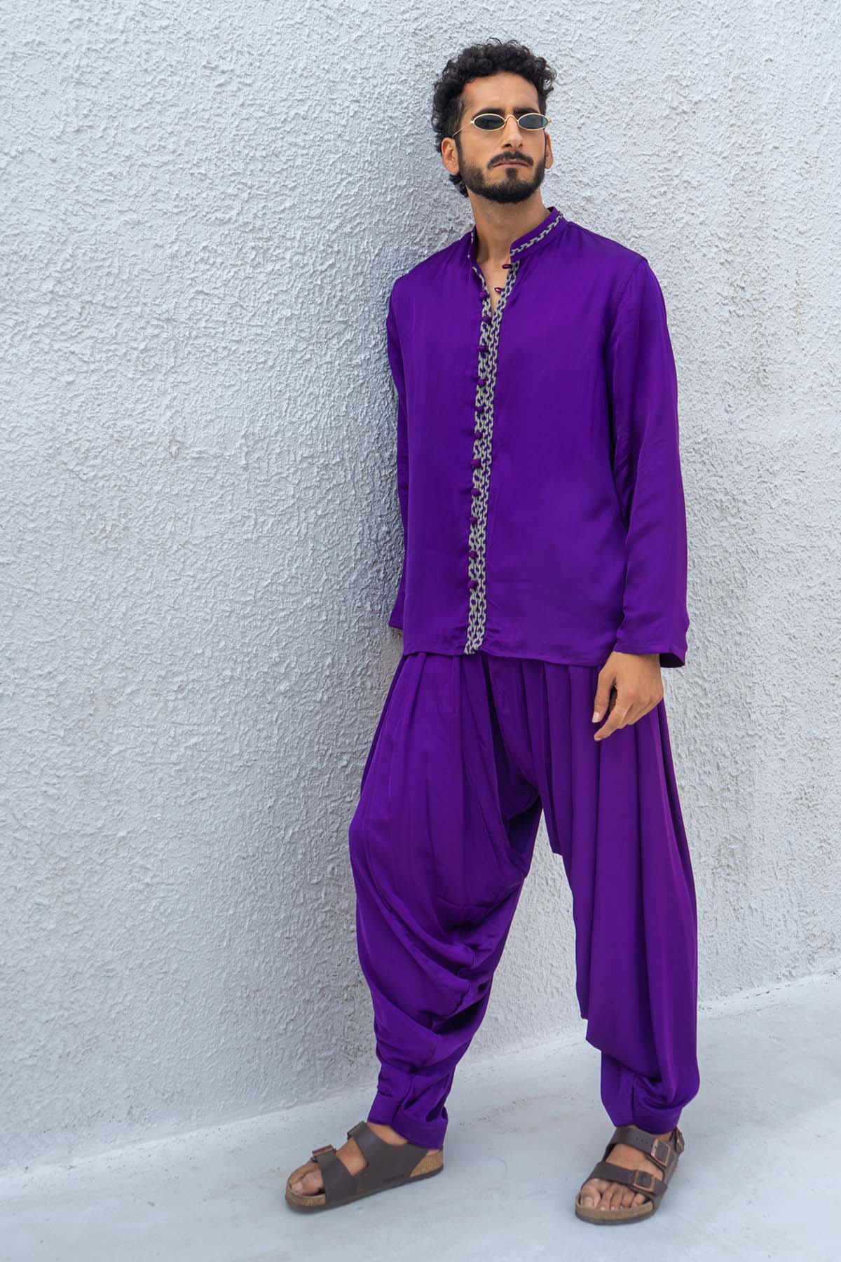 Buy Neora by Nehal ChopraPurple & Green Braided Kurta for Men Online