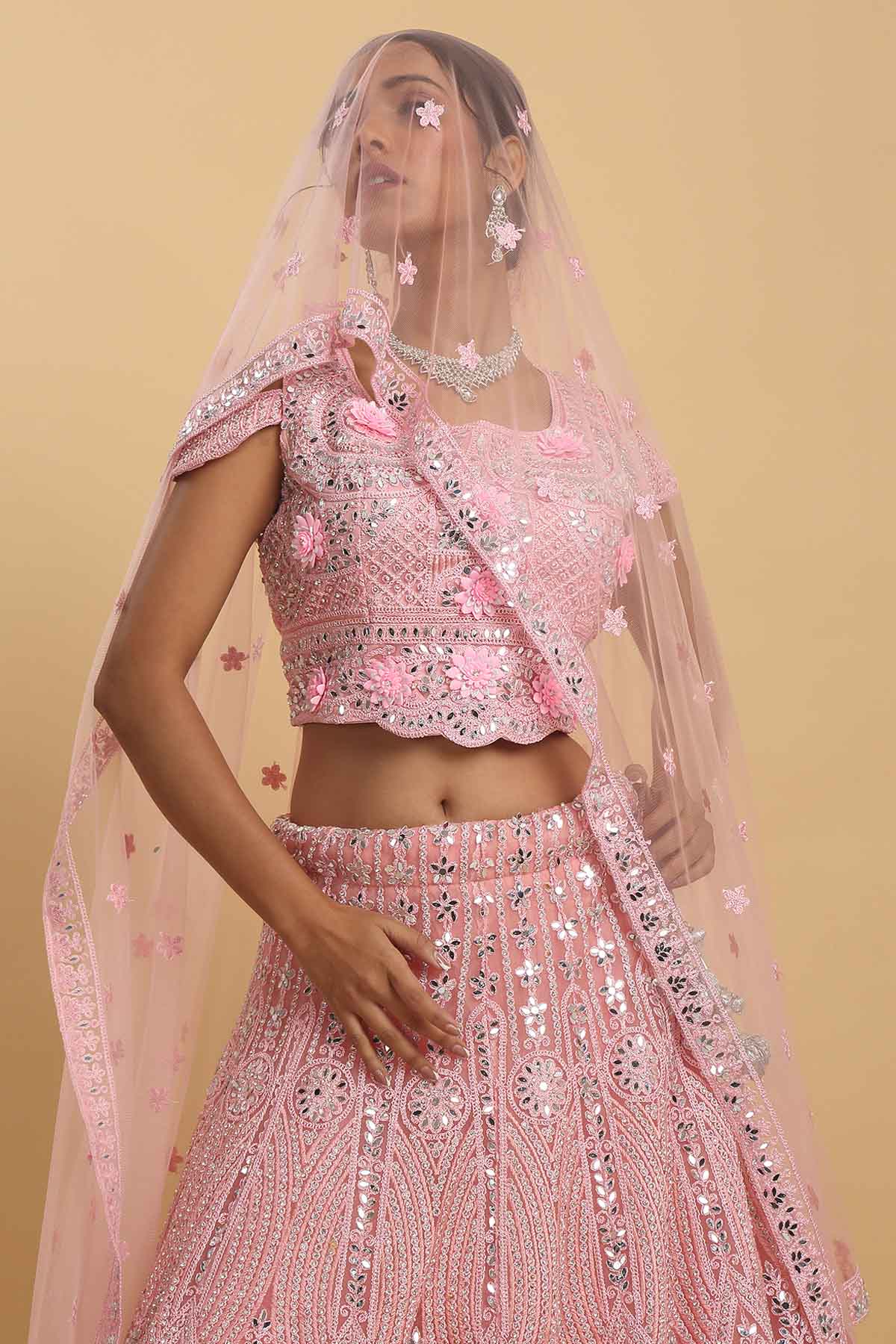Pink Net Mirror Work Lehenga Set