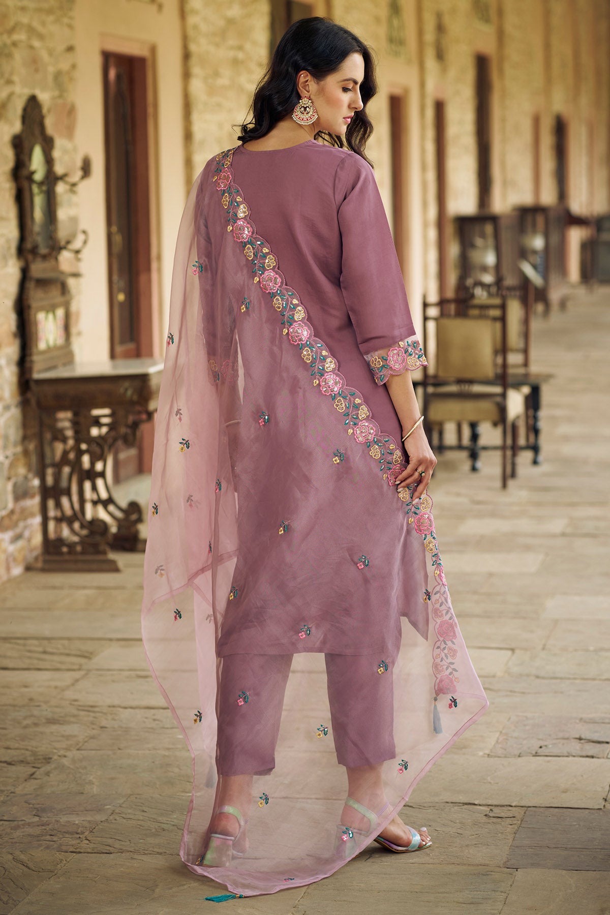 3/4th Sleeves Purple Kurta Set