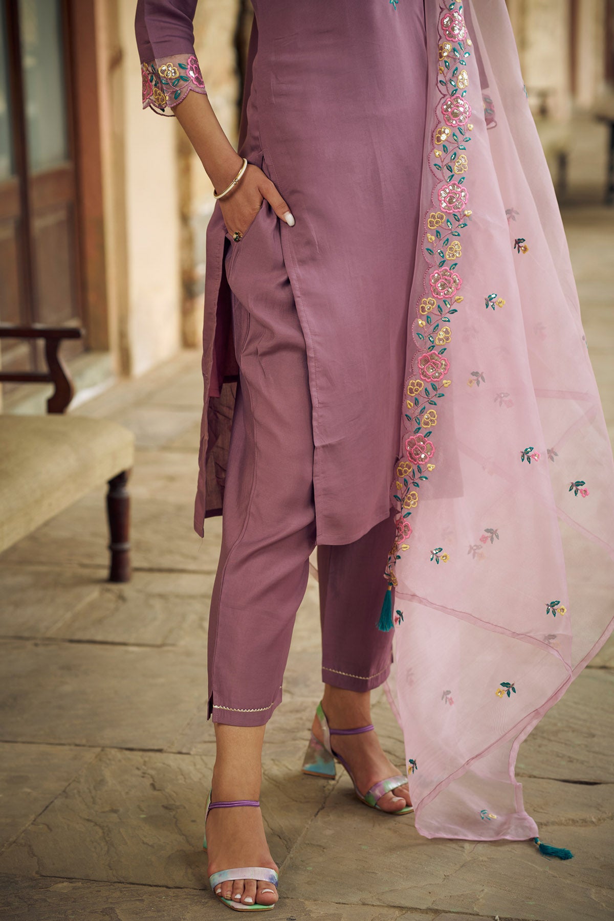 3/4th Sleeves Purple Kurta Set