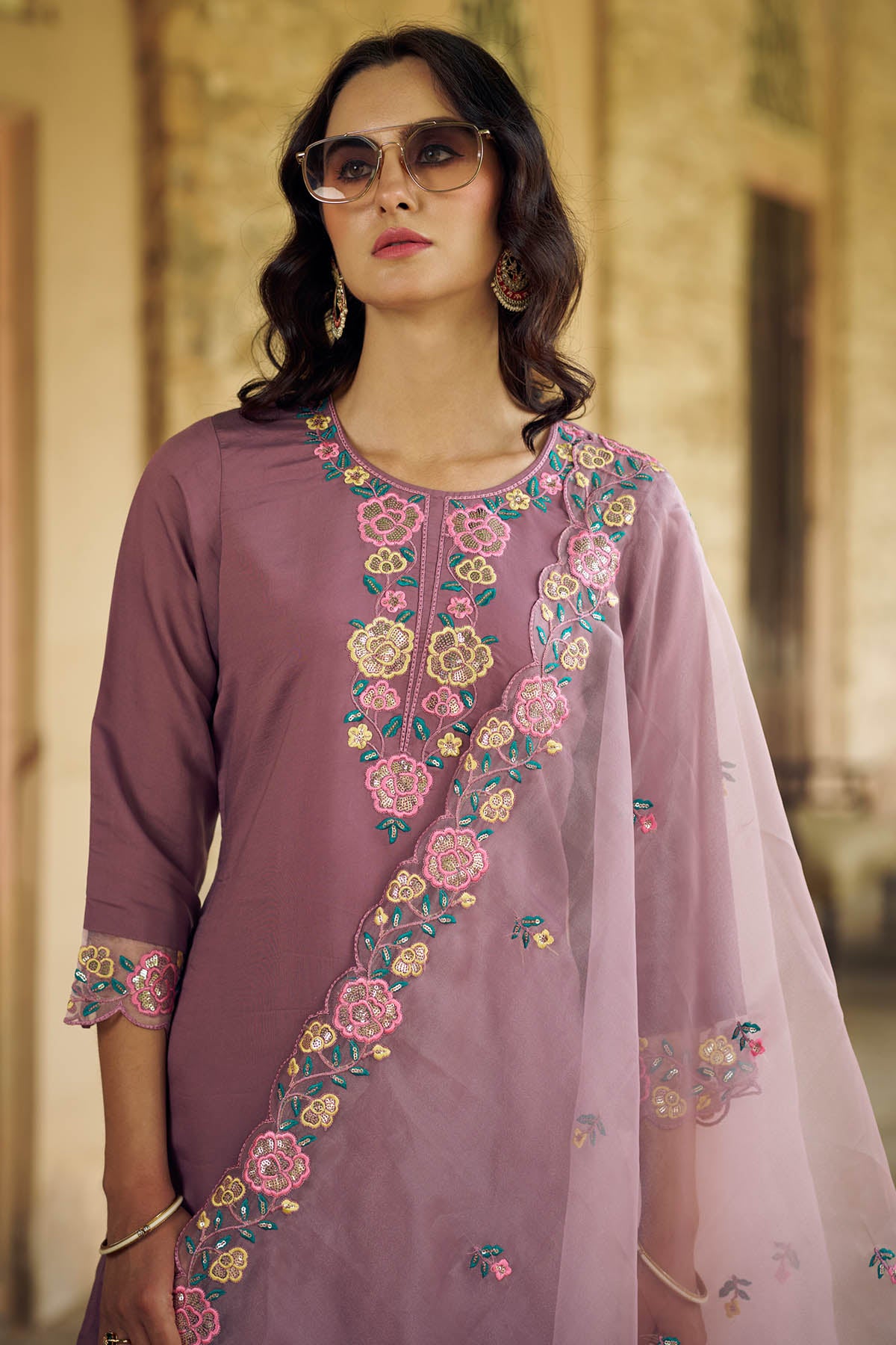 3/4th Sleeves Purple Kurta Set