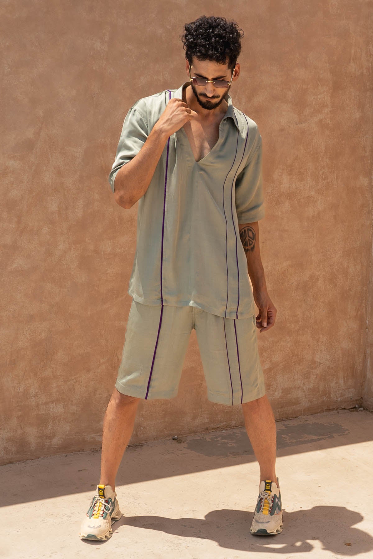 Buy Neora by Nehal ChopraGreen Deep V-Neck Co-ord Set for Men Online