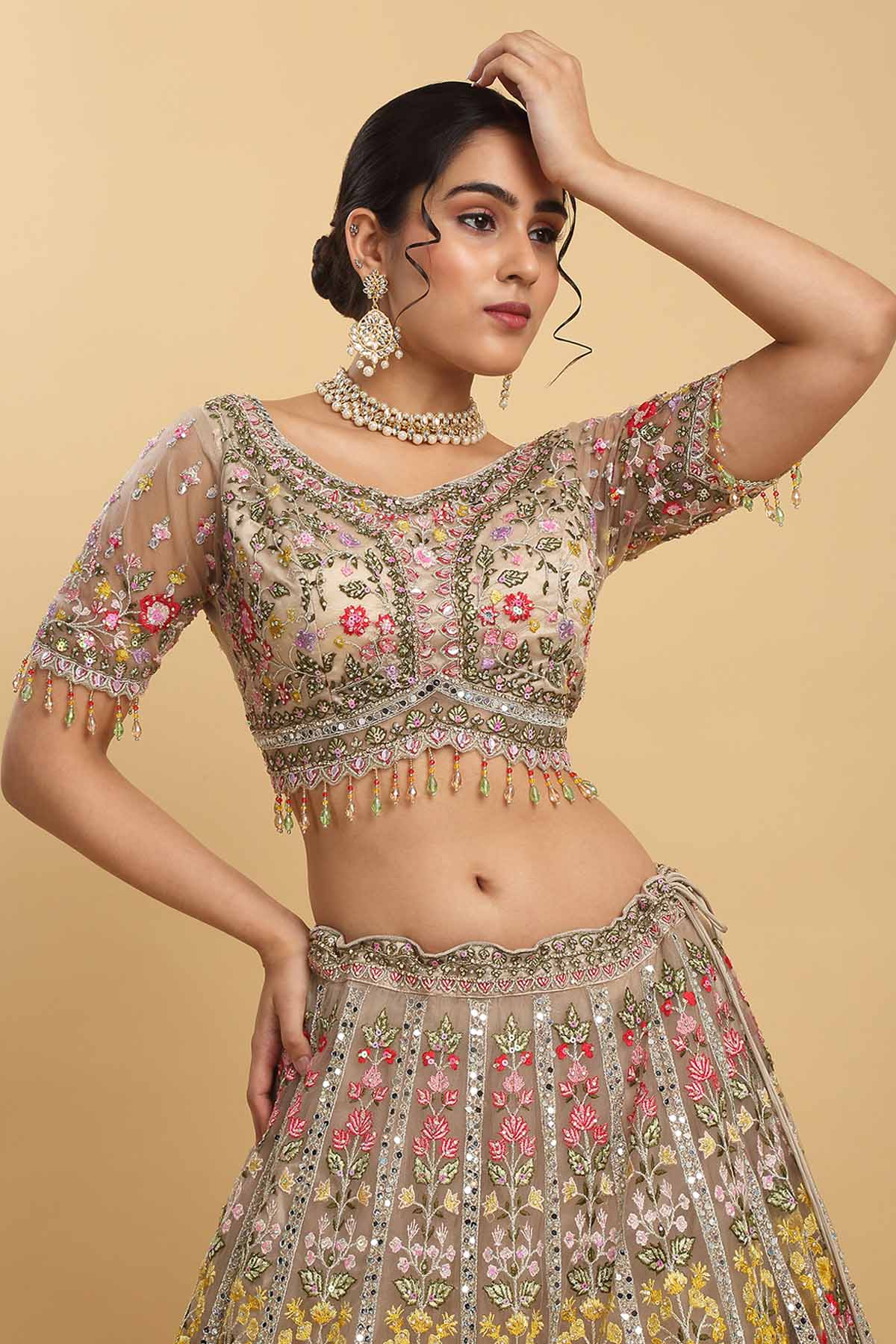 Brown Floral Thread Lehenga Set