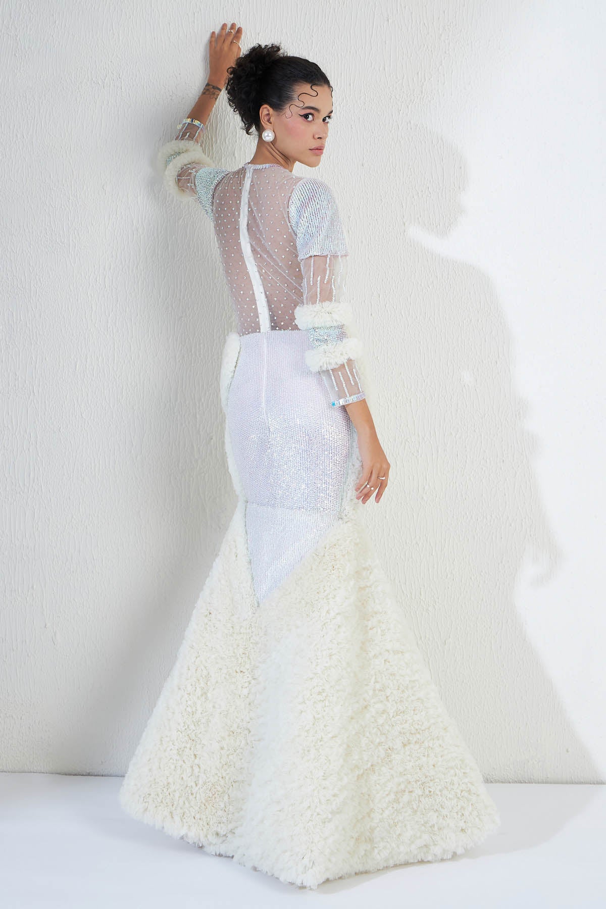 Offwhite Crystals Tulle Gown