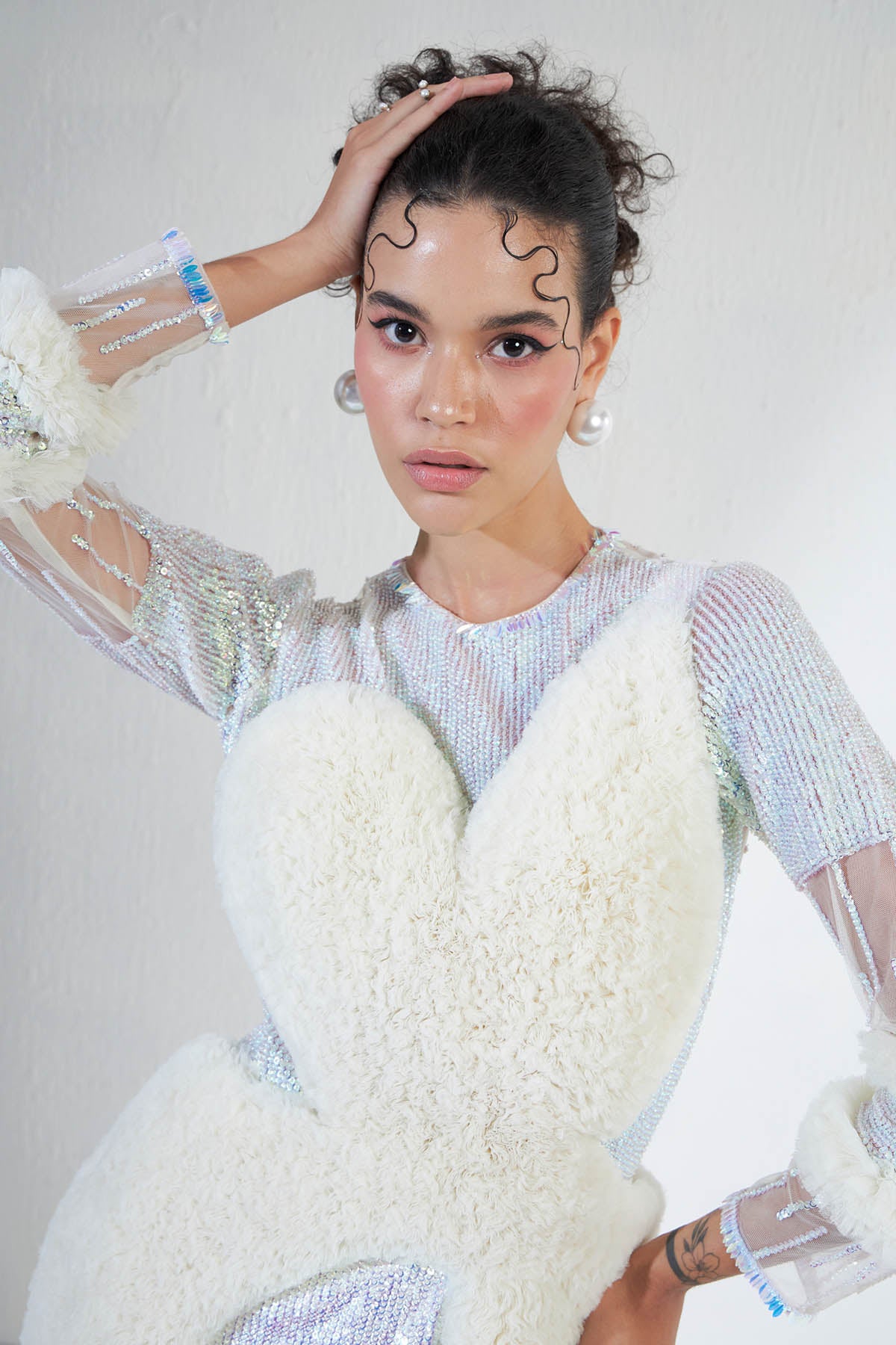 Offwhite Crystals Tulle Gown