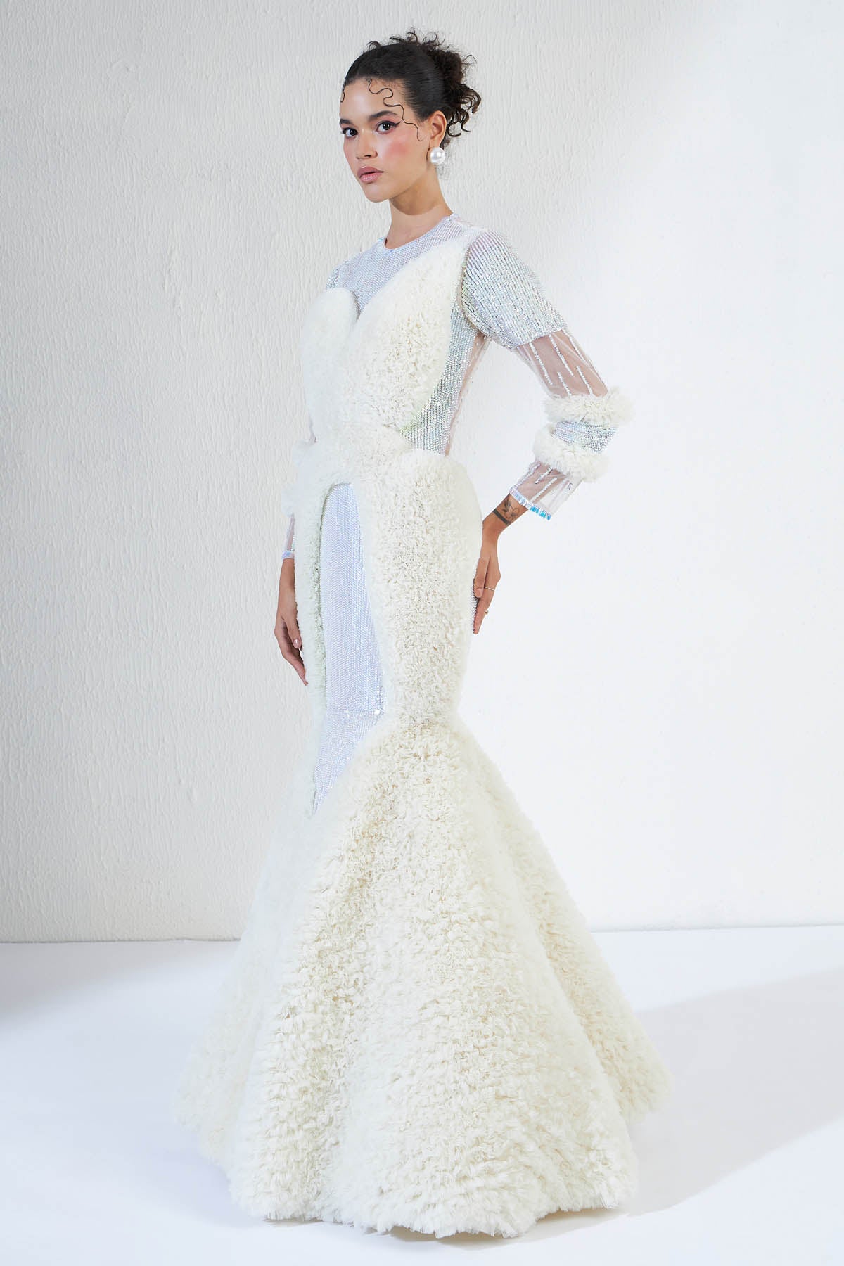 Offwhite Crystals Tulle Gown