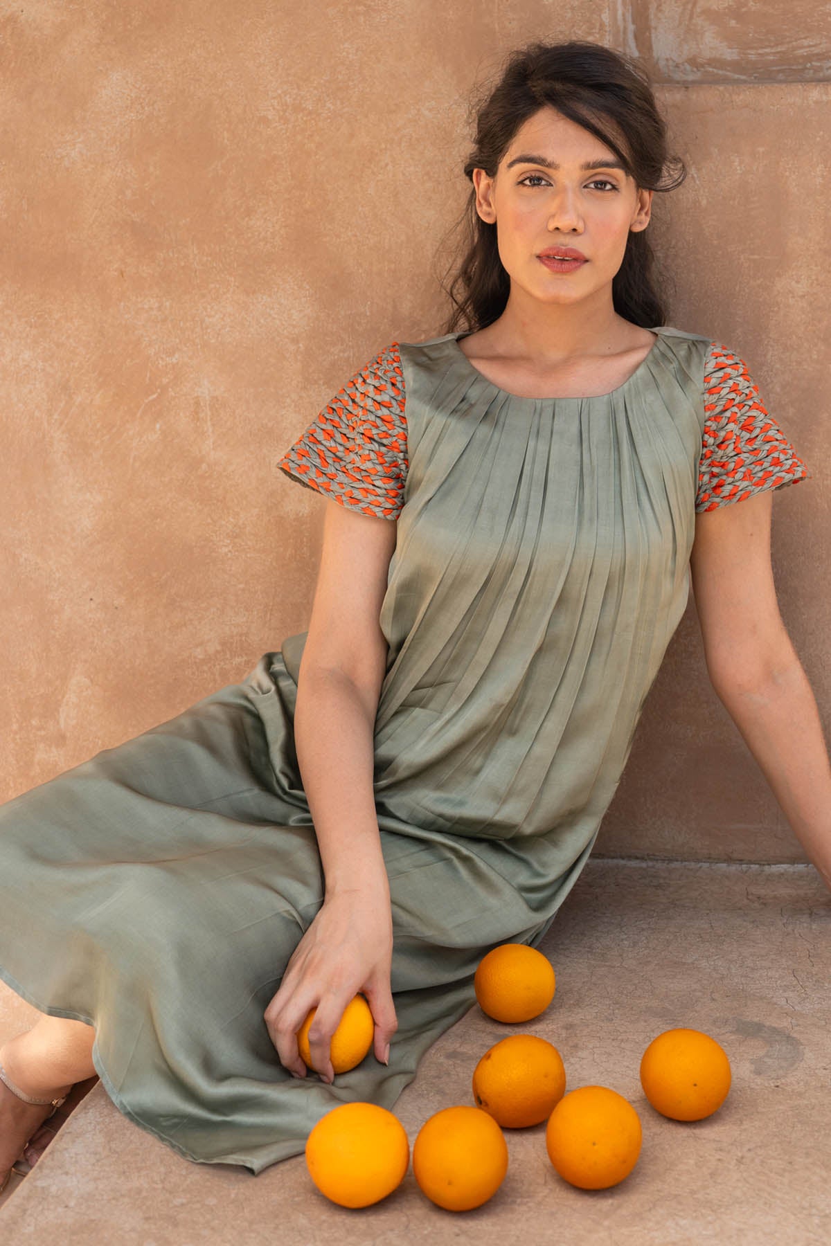 Green Braided Sleeves Dress