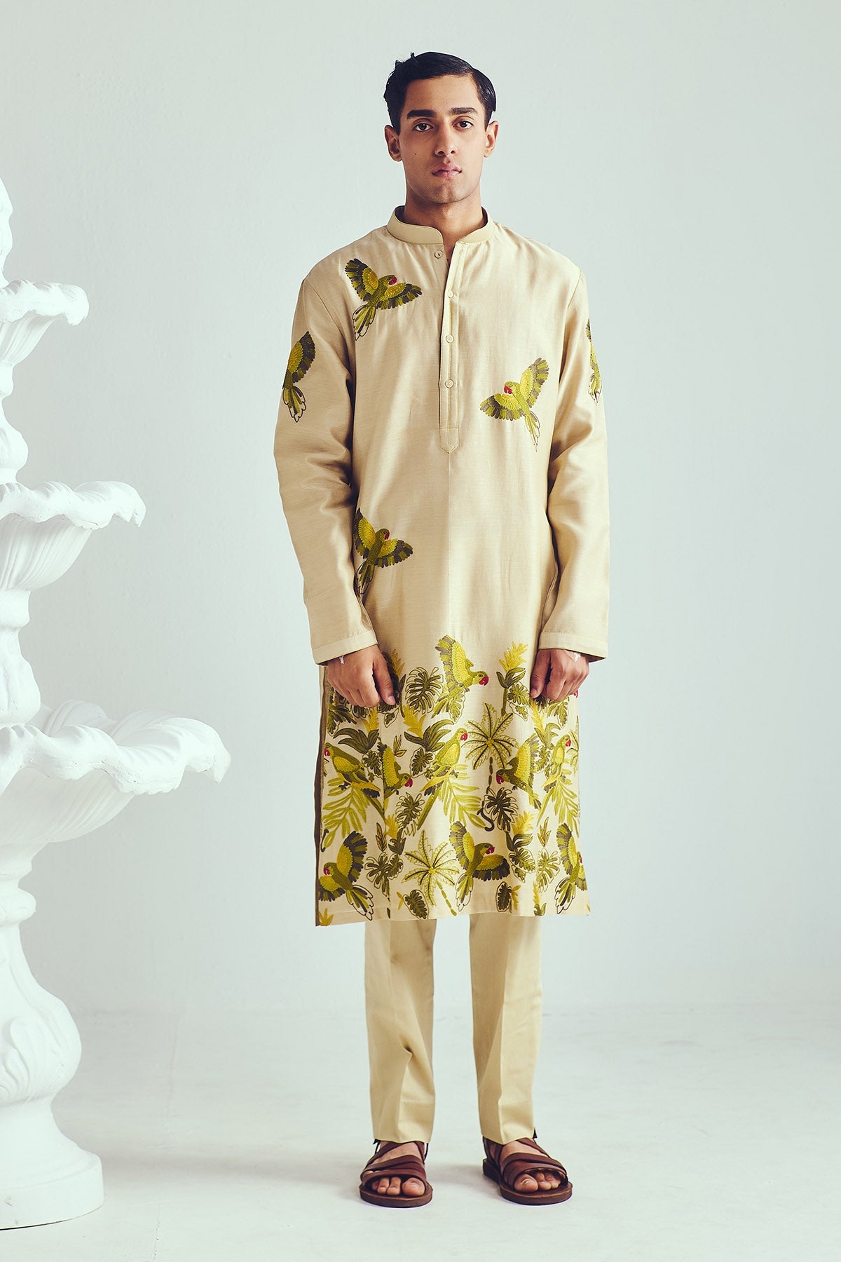 Buy Aari Embroidered Beige Kurta Set by WABI SABI for Men online at ScrollnShops