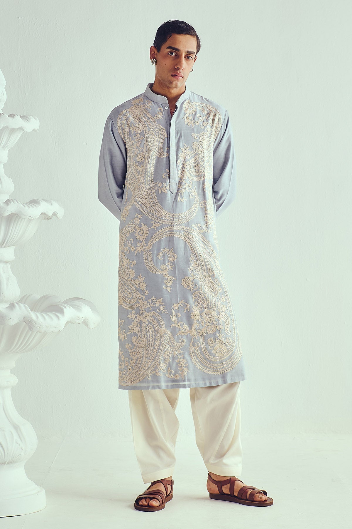 Buy Aari Embroidered Blue Kurta Set by WABI SABI for Men online at ScrollnShops