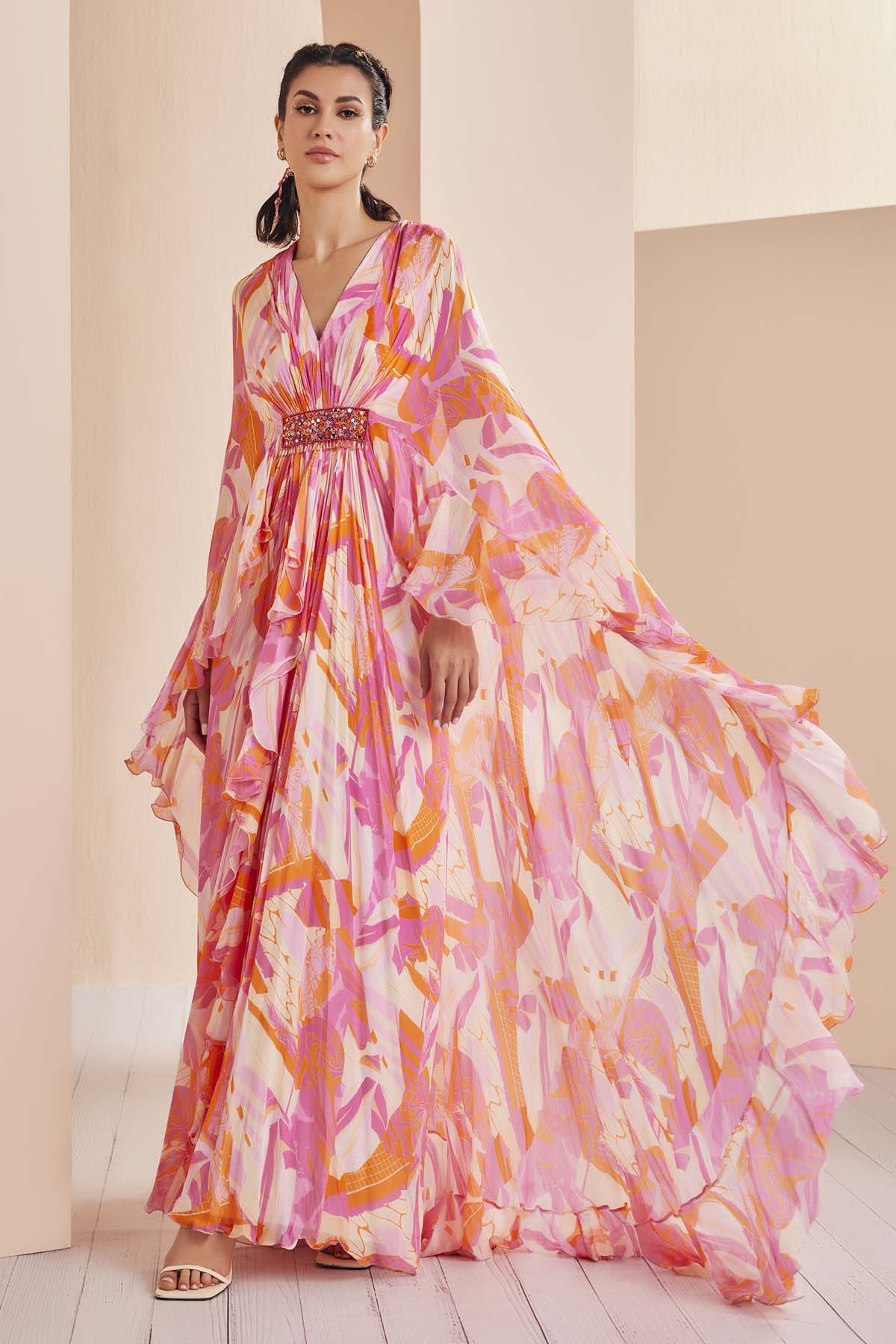 Abstract Print Pleated Kaftan