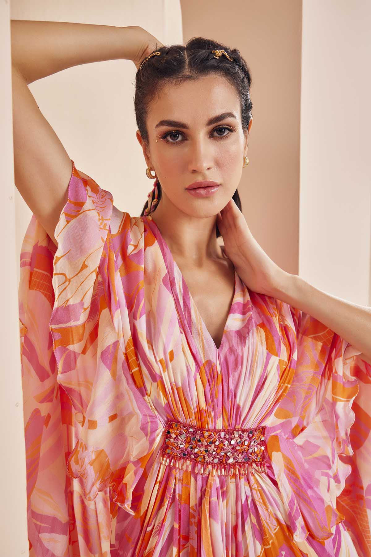 Abstract Print Pleated Kaftan