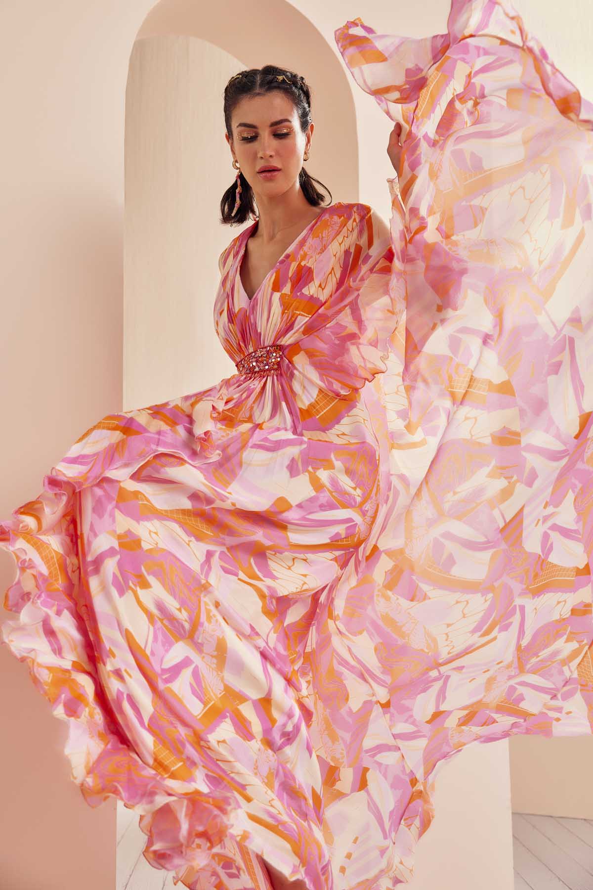 Abstract Print Pleated Kaftan