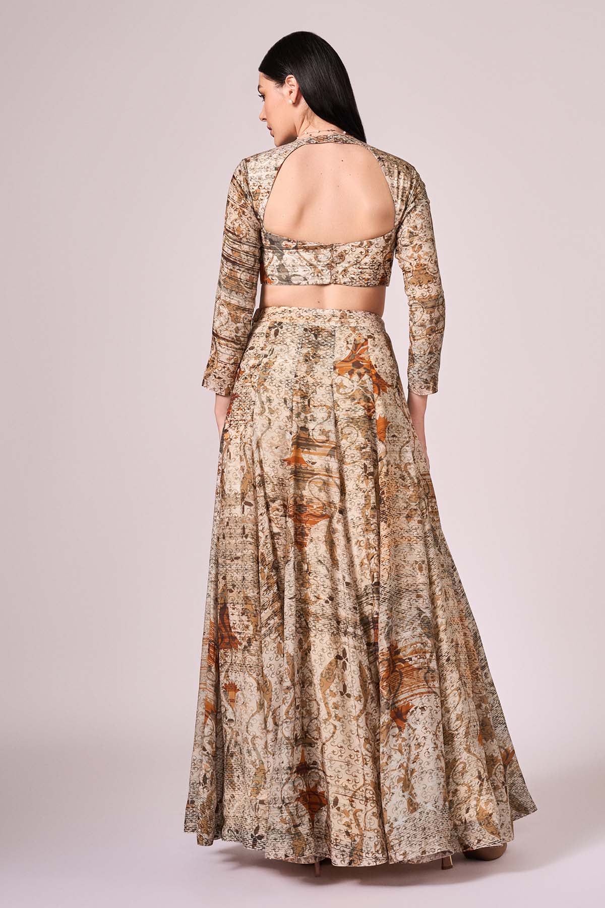Abstract Print Brown Lehenga Set