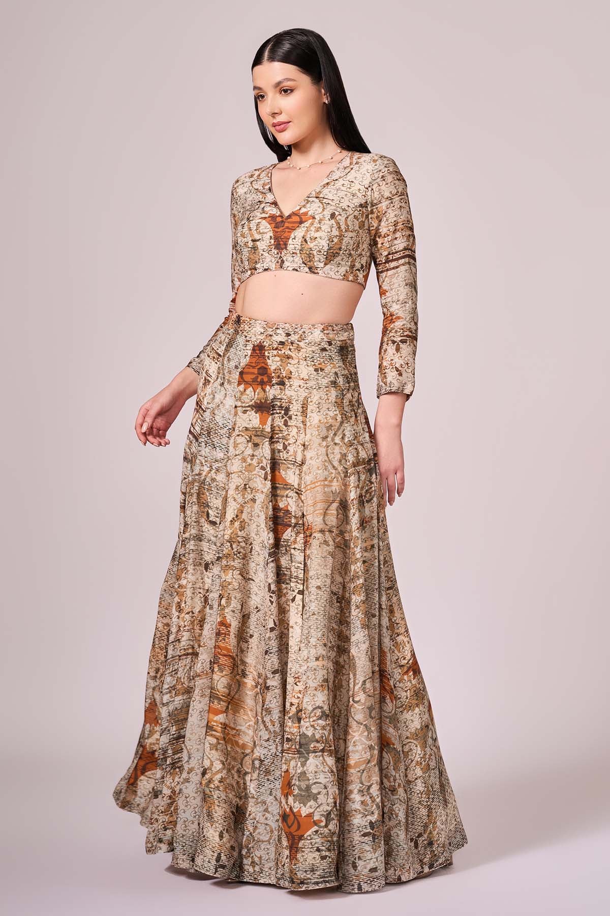 Abstract Print Brown Lehenga Set