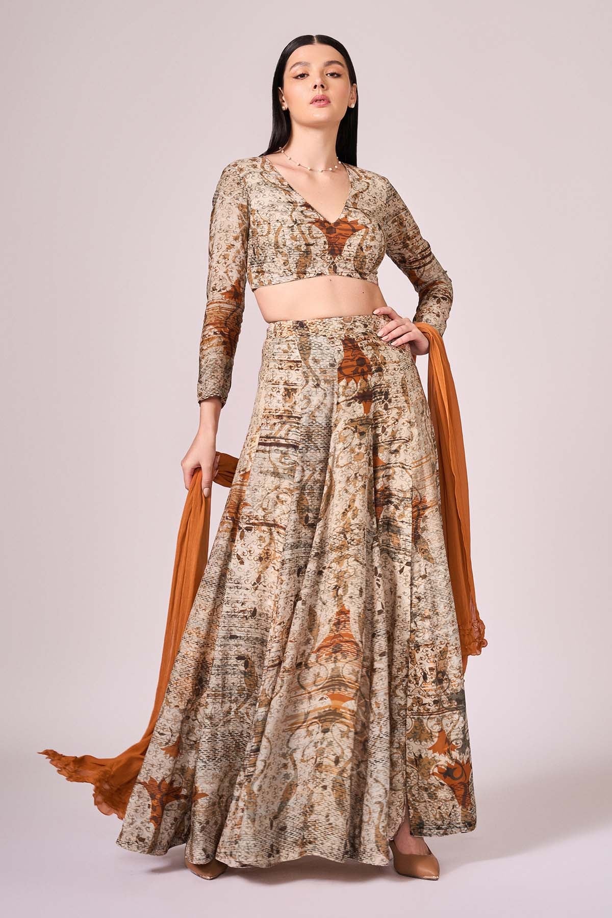 Buy Abstract Print Brown Lehenga Set by Koswi for women online at ScrollnShops