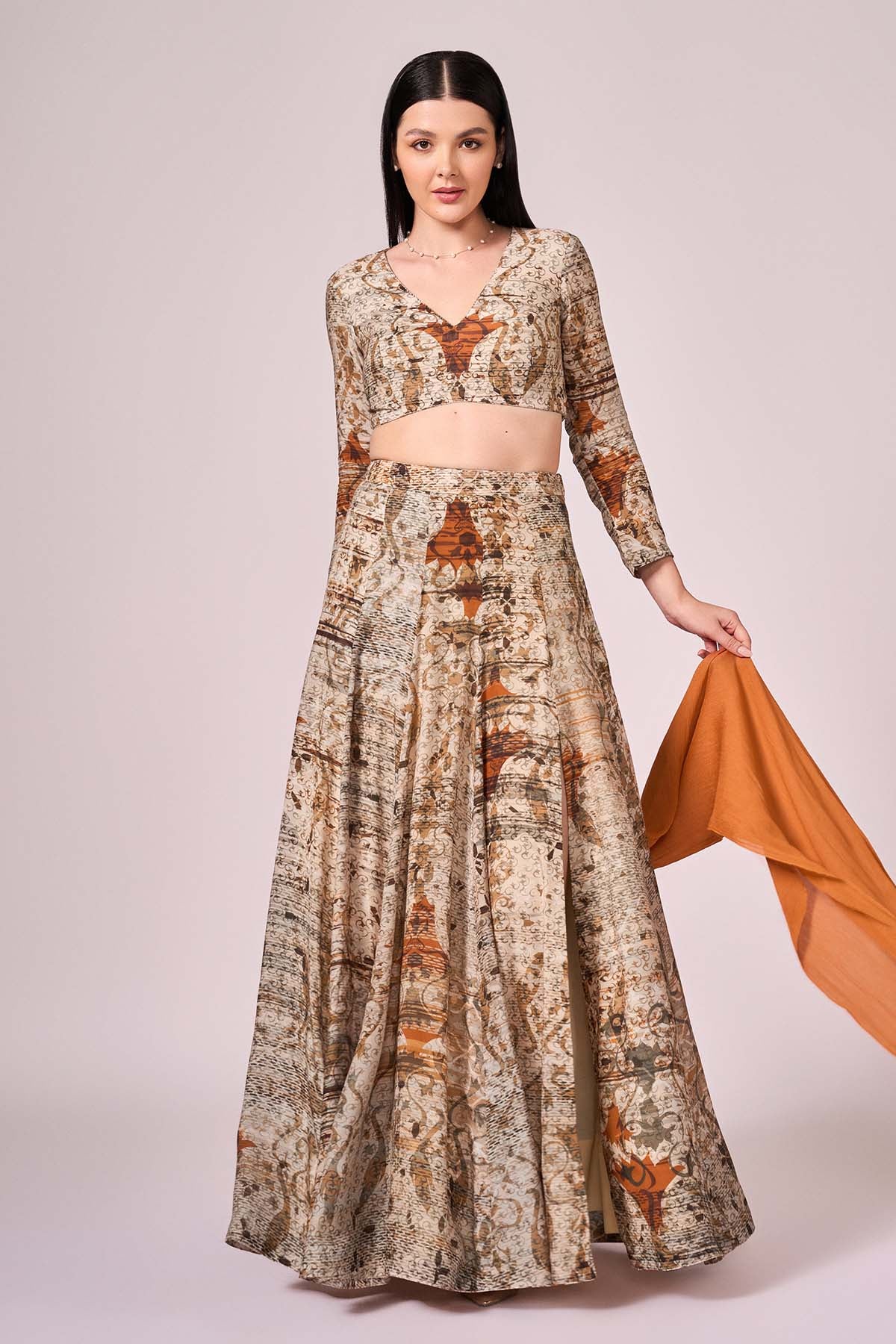 Abstract Print Brown Lehenga Set