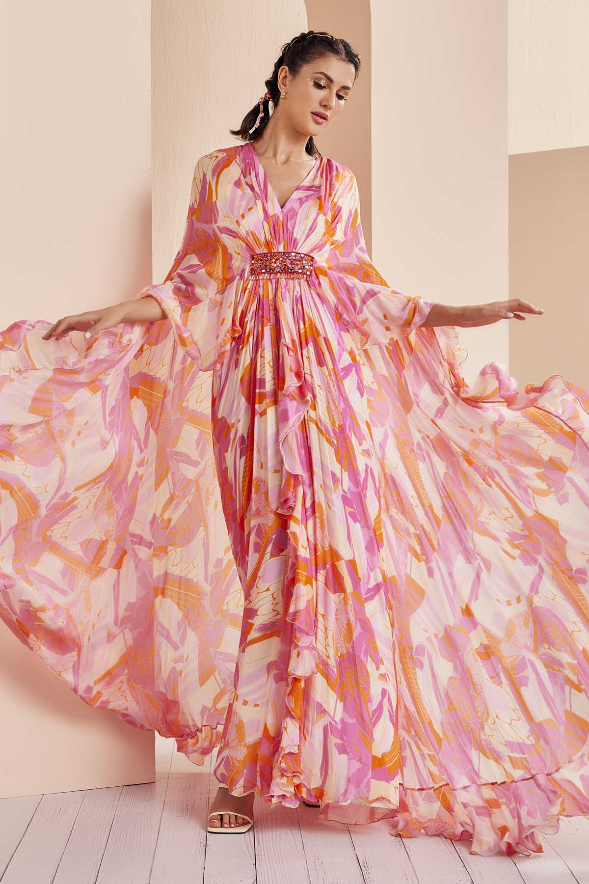 Buy Abstract Print Pleated Kaftan by Mandira Wirk