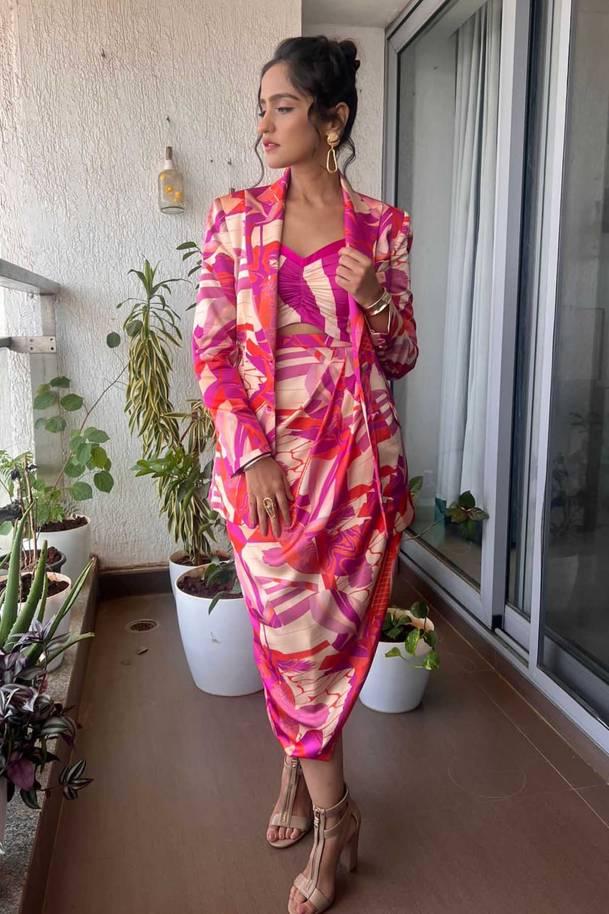 Buy Abstract Printed Jacket & Skirt Set by Mandira Wirk