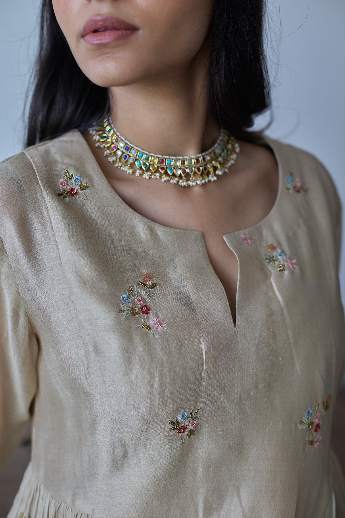 Almond Floral Work Anarkali Set