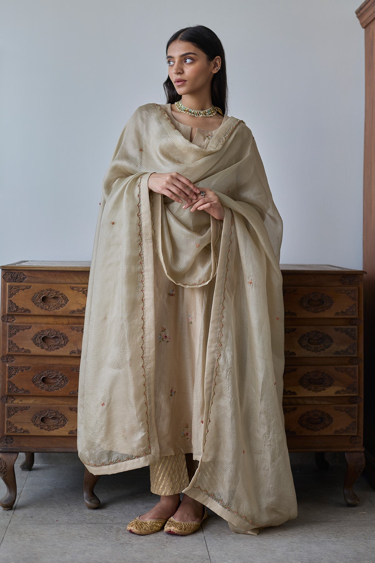 Buy Almond Floral Work Anarkali Set by Rhua for Women online at ScrollnShops