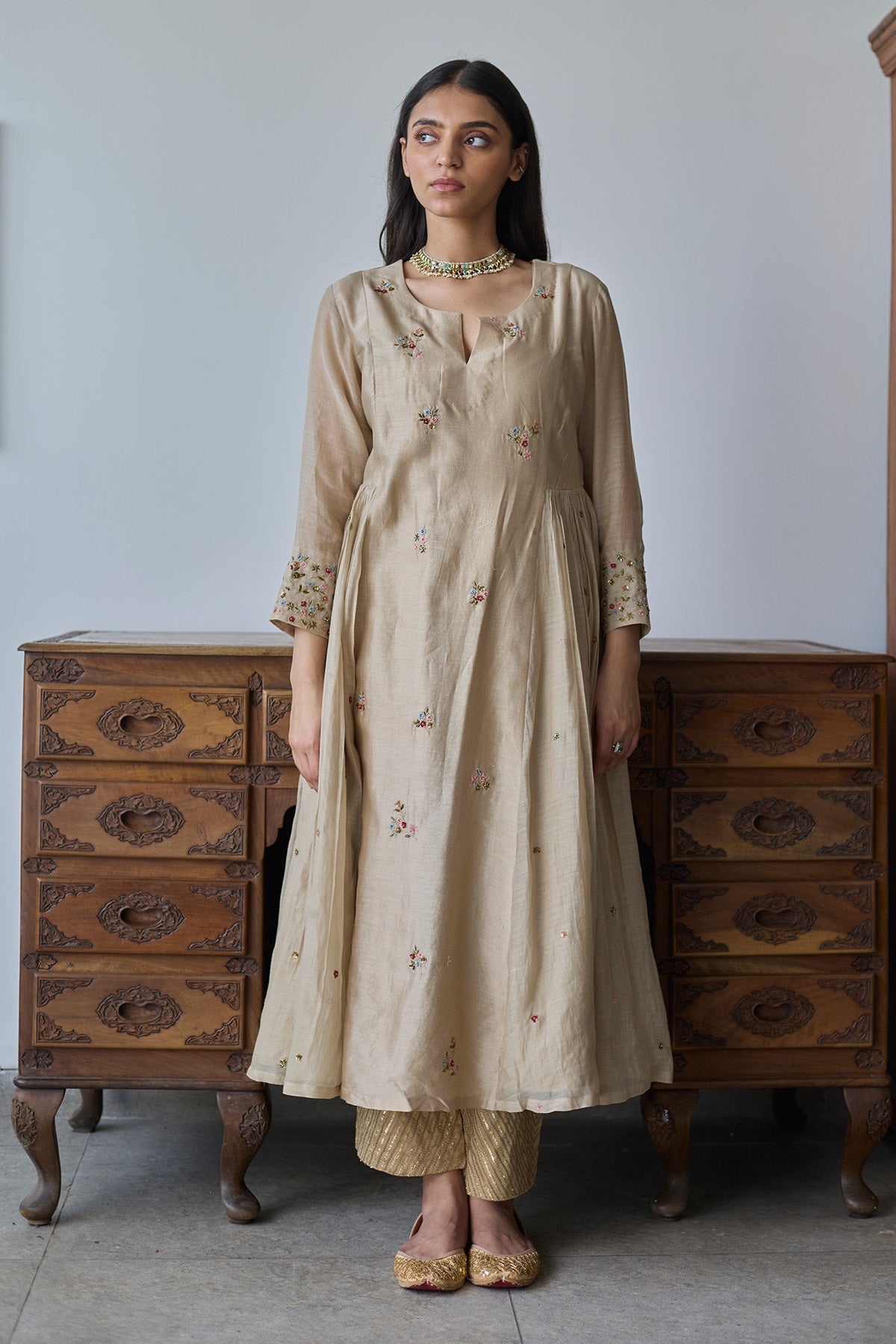 Almond Floral Work Anarkali Set