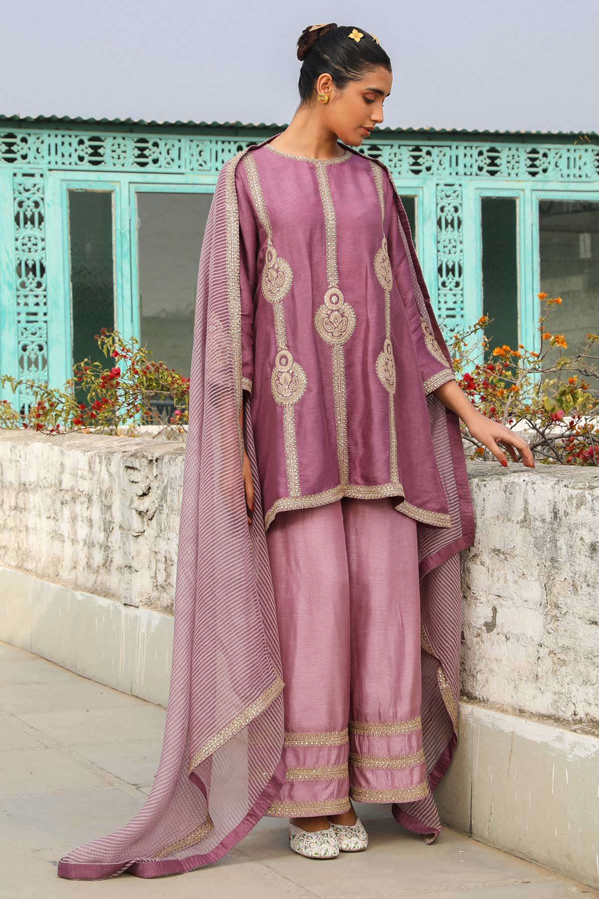 American Violet Zari Kurta Set