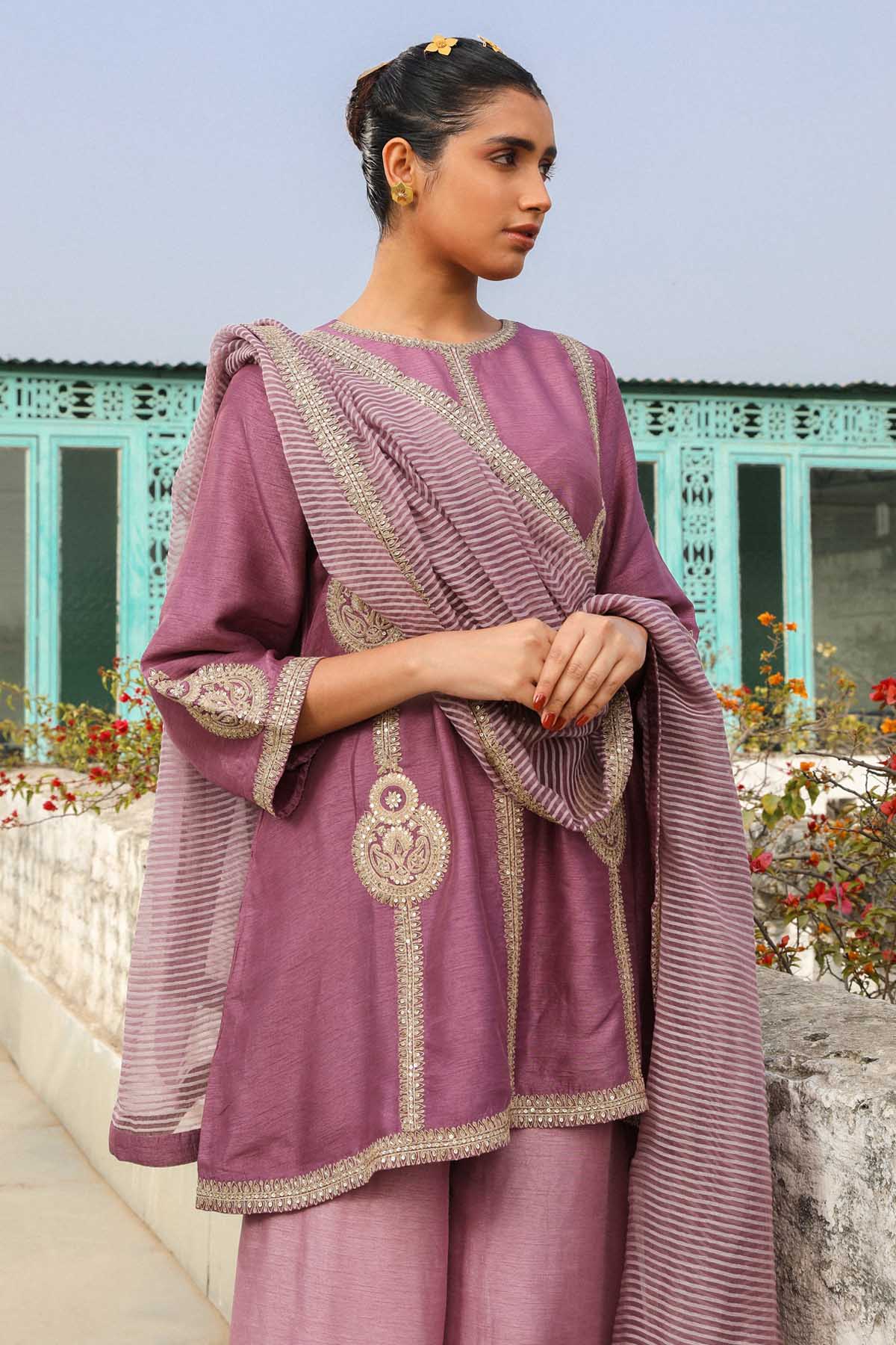 American Violet Zari Kurta Set