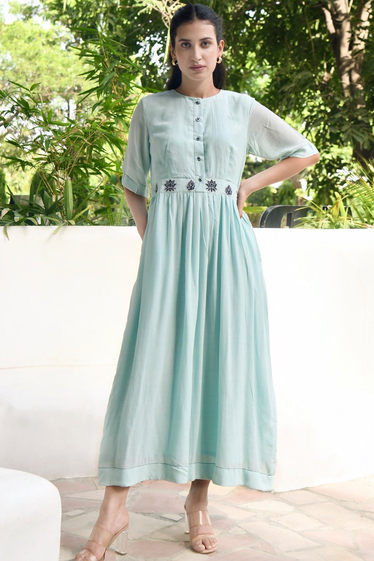 Buy Applique Work Blue Midi Dress by Taro India for Women online at ScrollnShops