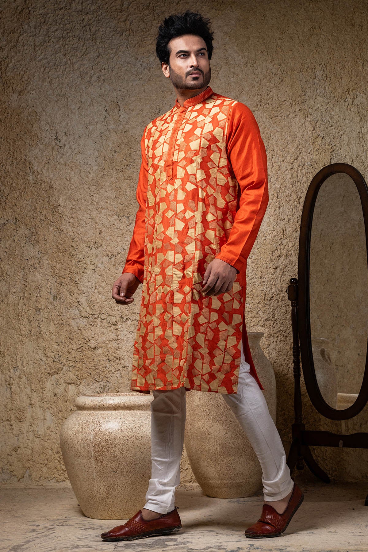 Applique Work Rust Kurta Set