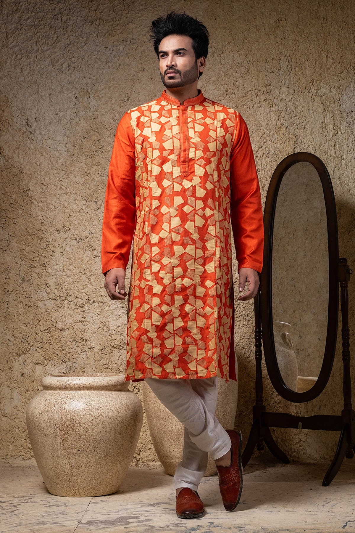 Buy Applique Work Rust Kurta Set by Priyanka Haralalka for men online at ScrollnShops