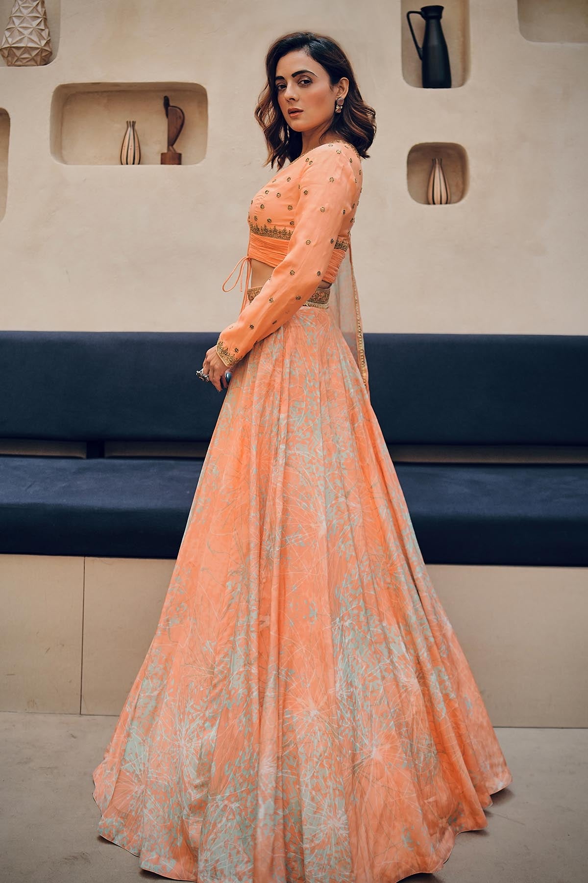 Apricot Abstract Lehenga Set