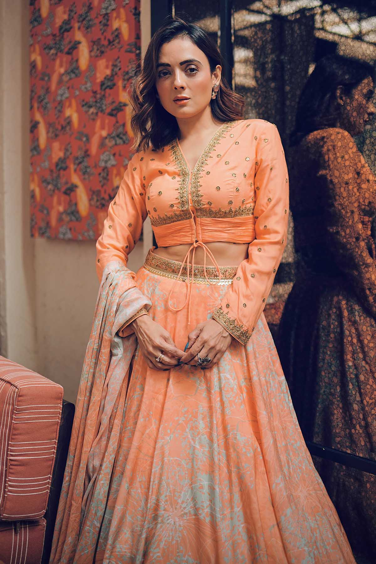 Apricot Abstract Lehenga Set