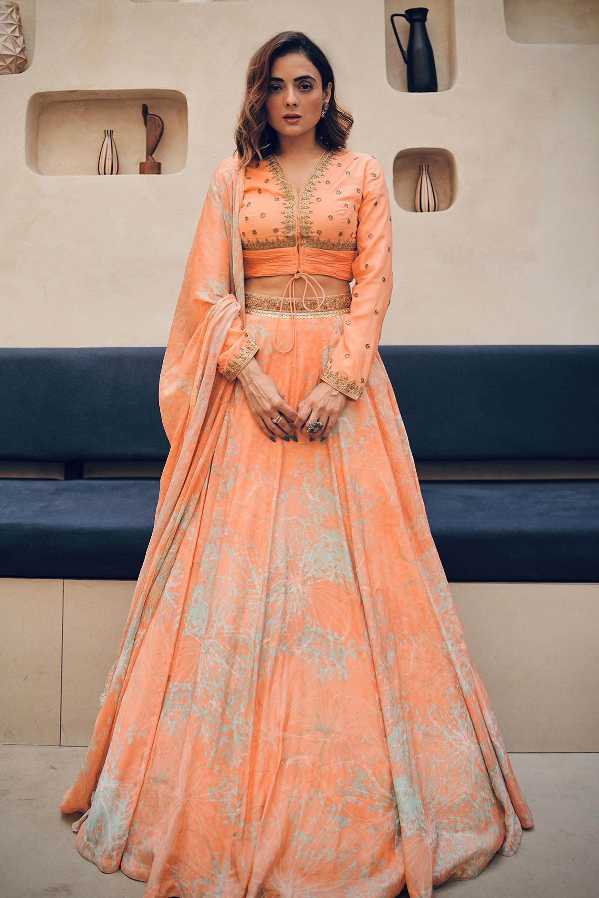 Buy Apricot Abstract Lehenga Set by Koswi for women online at ScrollnShops