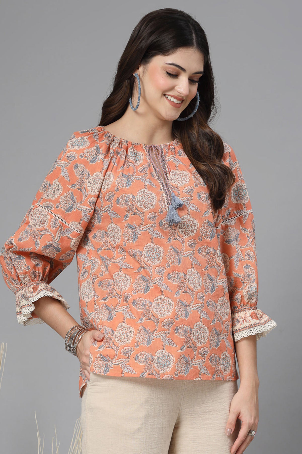 Apricot Crush Printed Puff Top