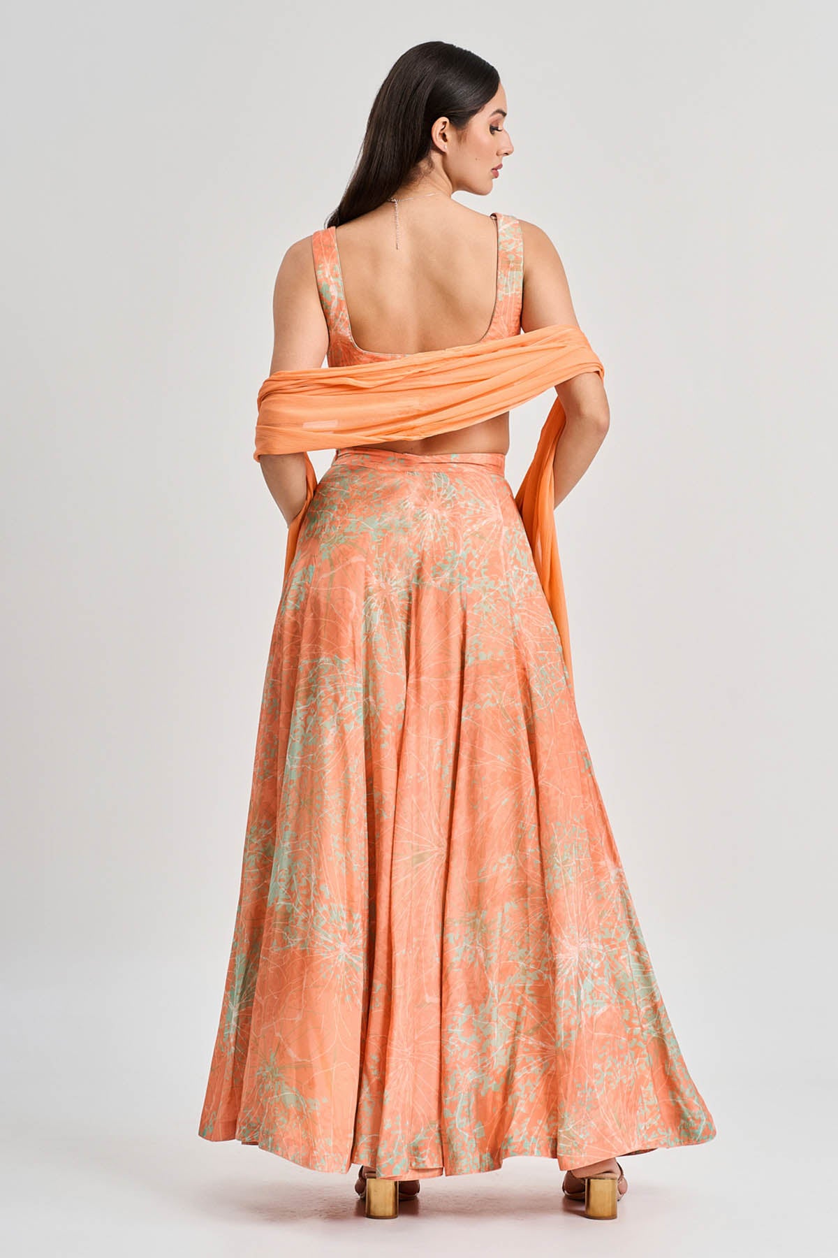 Apricot Floral Print Lehenga Set