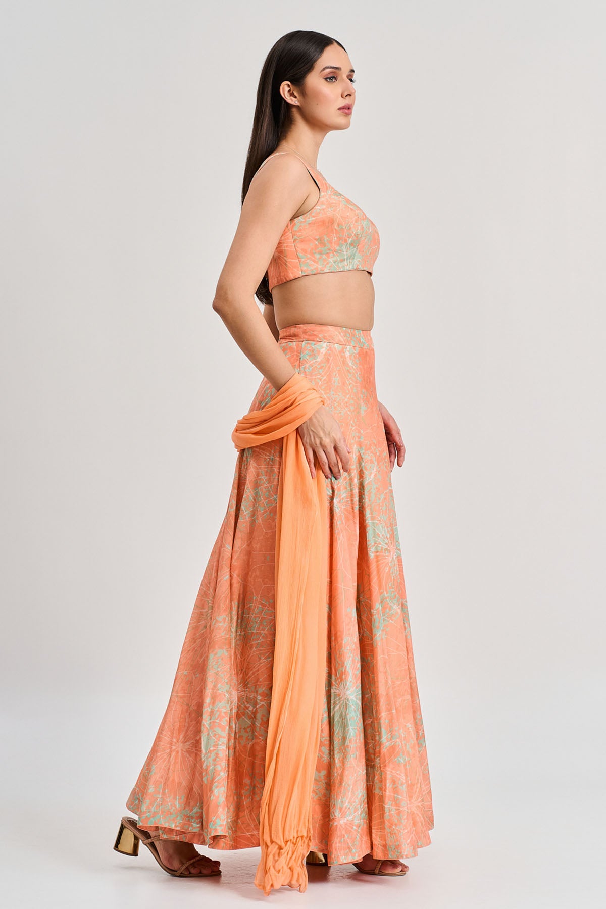 Apricot Floral Print Lehenga Set