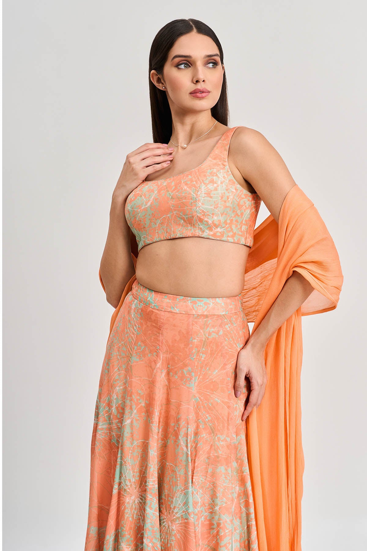 Apricot Floral Print Lehenga Set