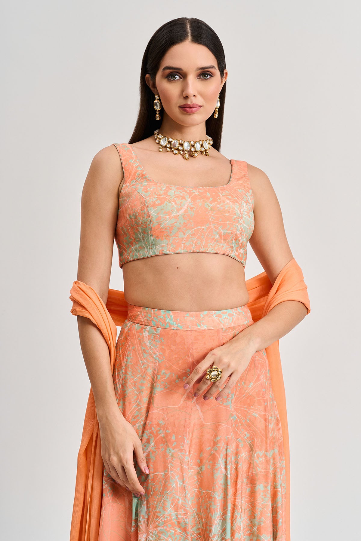 Apricot Floral Print Lehenga Set