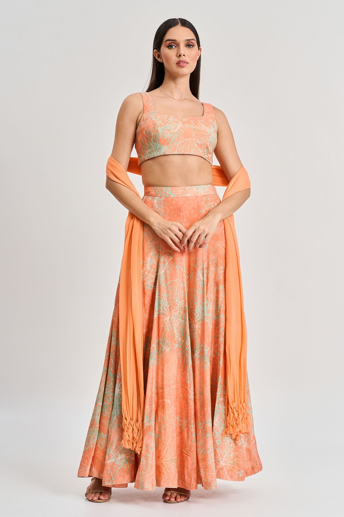 Buy Apricot Floral Print Lehenga Set by Koswi for women online at ScrollnShops