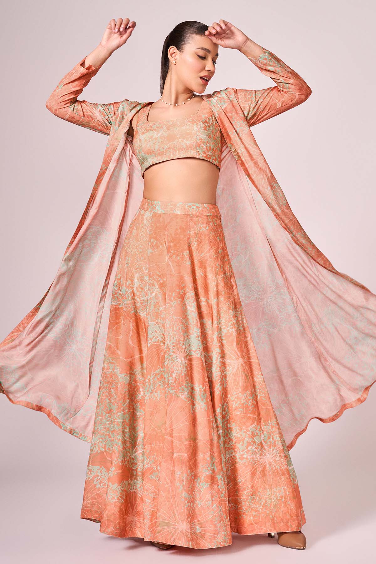 Buy Apricot Printed Lehenga Set by Koswi for women online at ScrollnShops