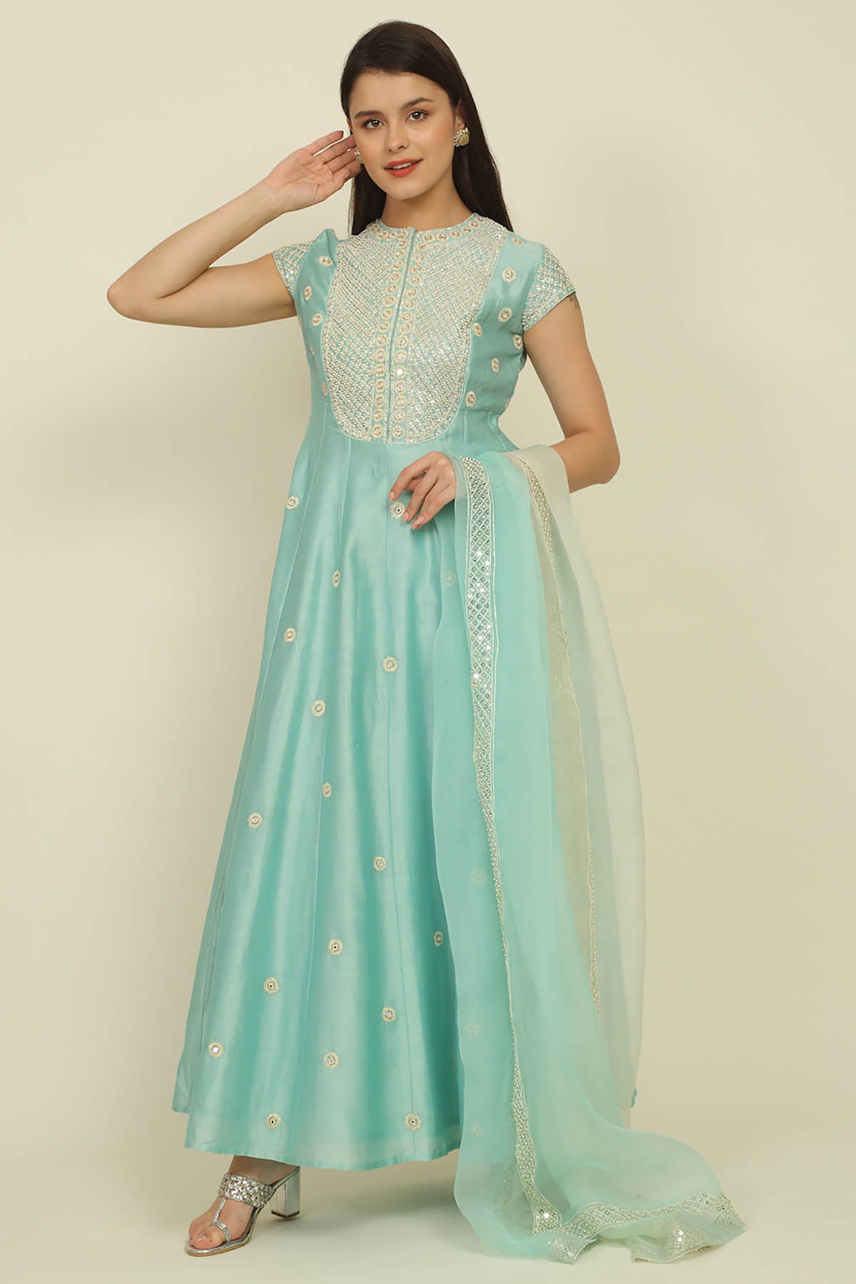 Aqua Blue Chanderi Anarkali Set